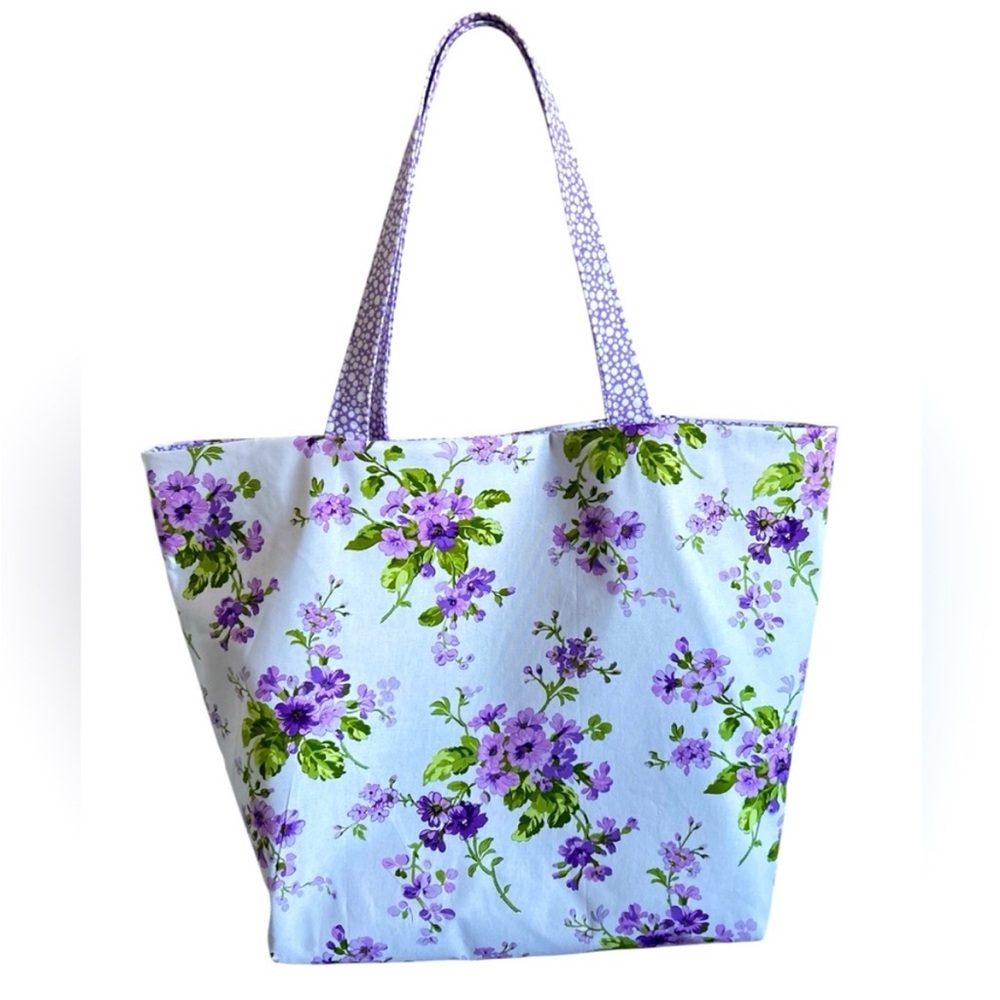 Handmade Floral Tote Bag Purple Fabric All Purpose Market Shoulder Purse - Picture 4 of 7